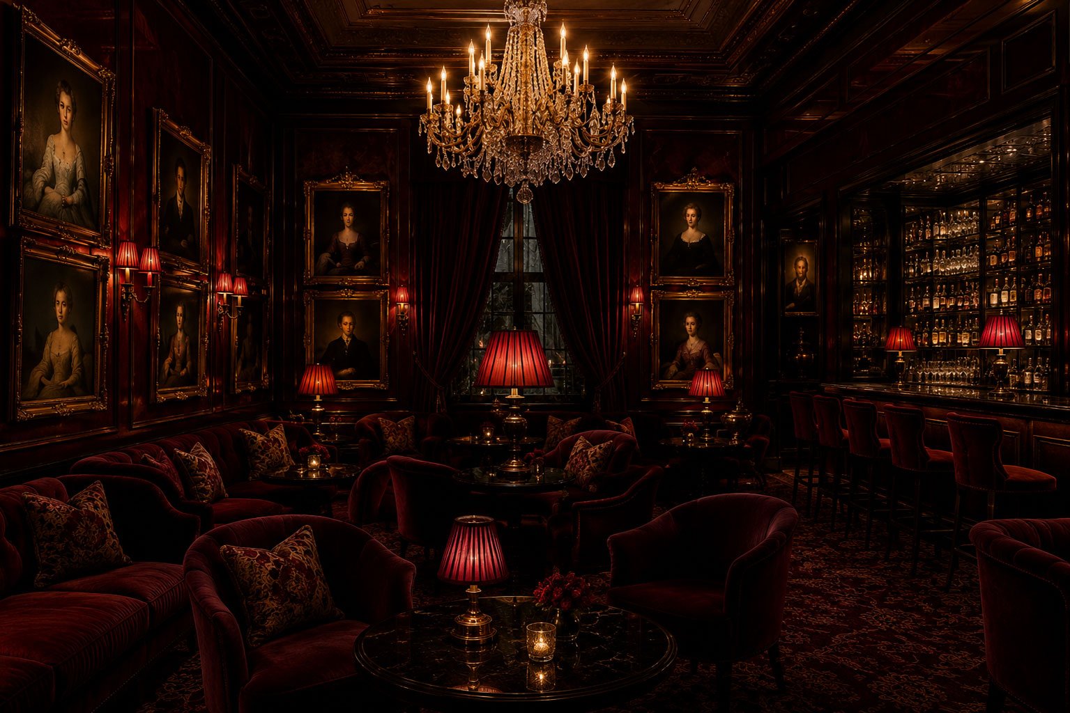 Elegant private salon with rich materials and intimate lighting