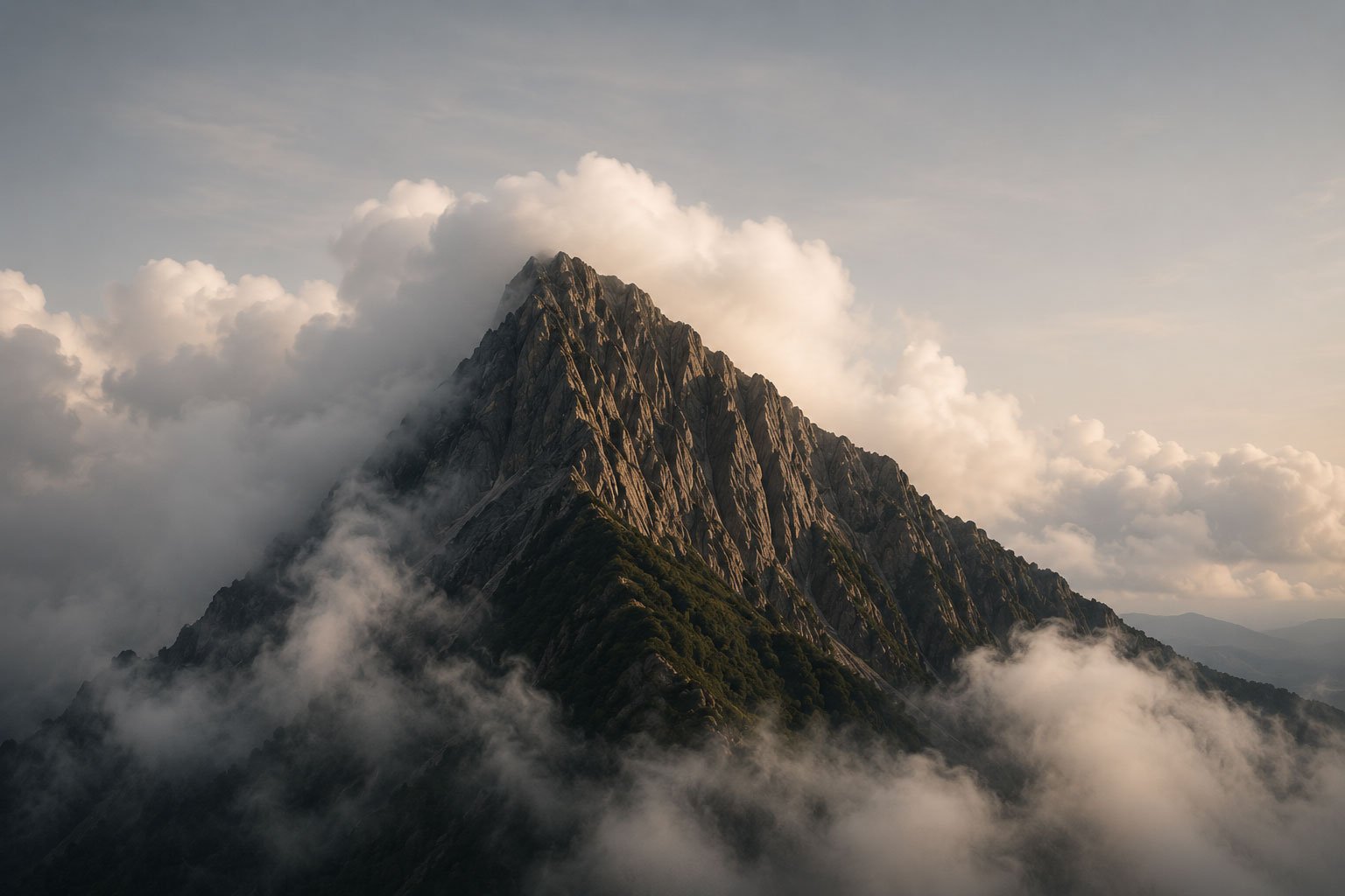 Mountain peak emerging through clouds