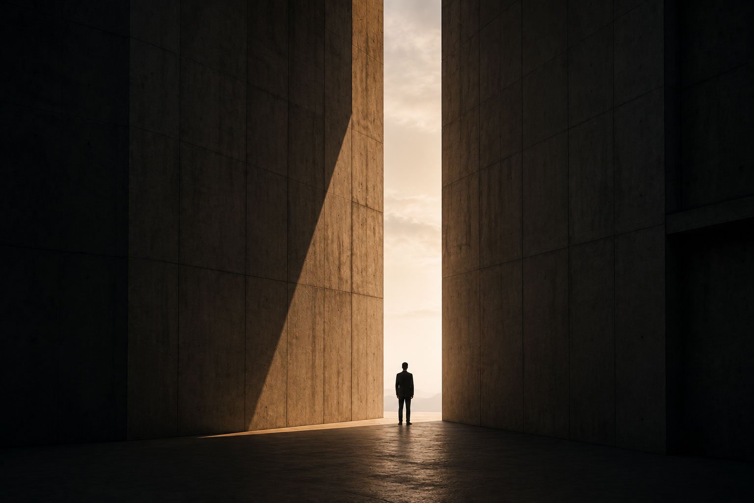 Person standing in monumental architecture