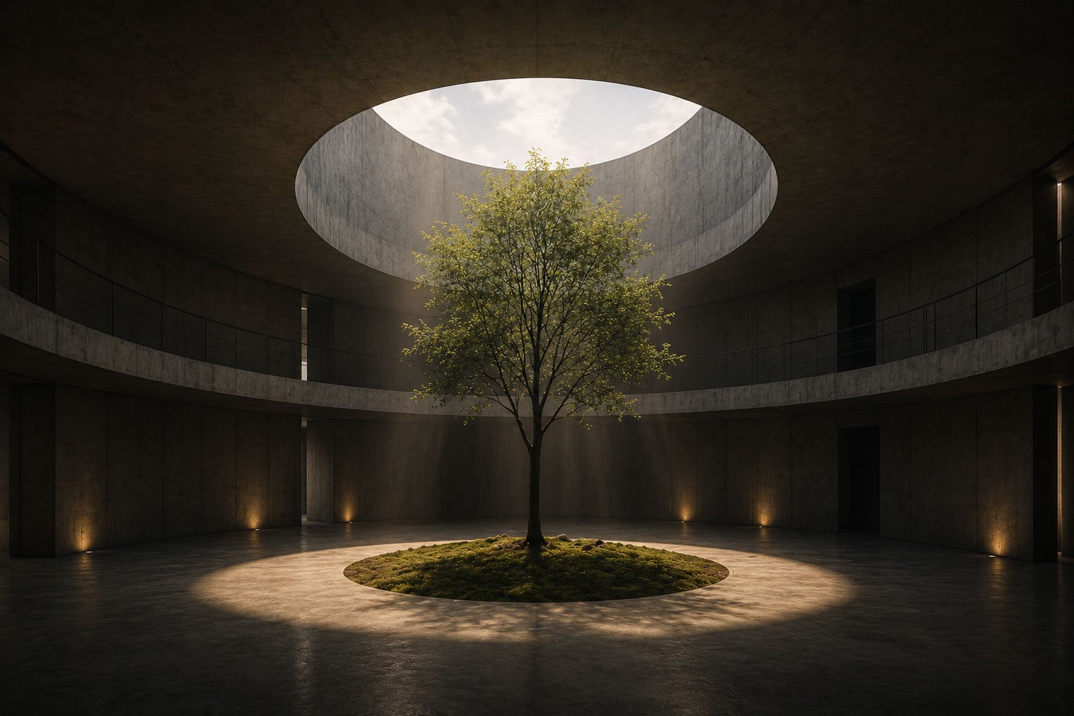 Modern concrete courtyard with water