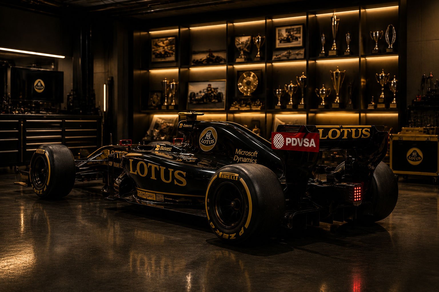 Formula One pit lane and professional race team environment