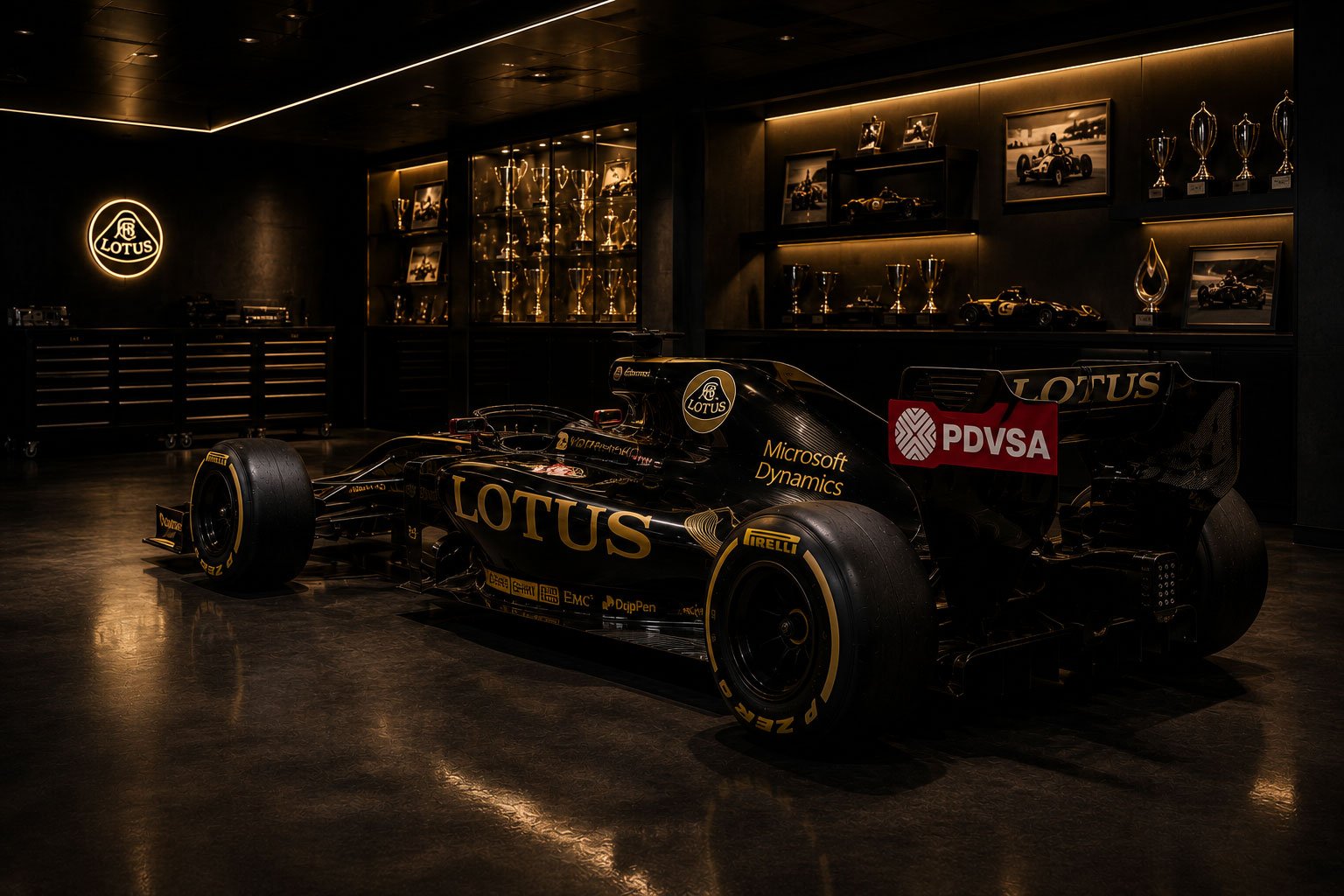 Formula One paddock environment at night